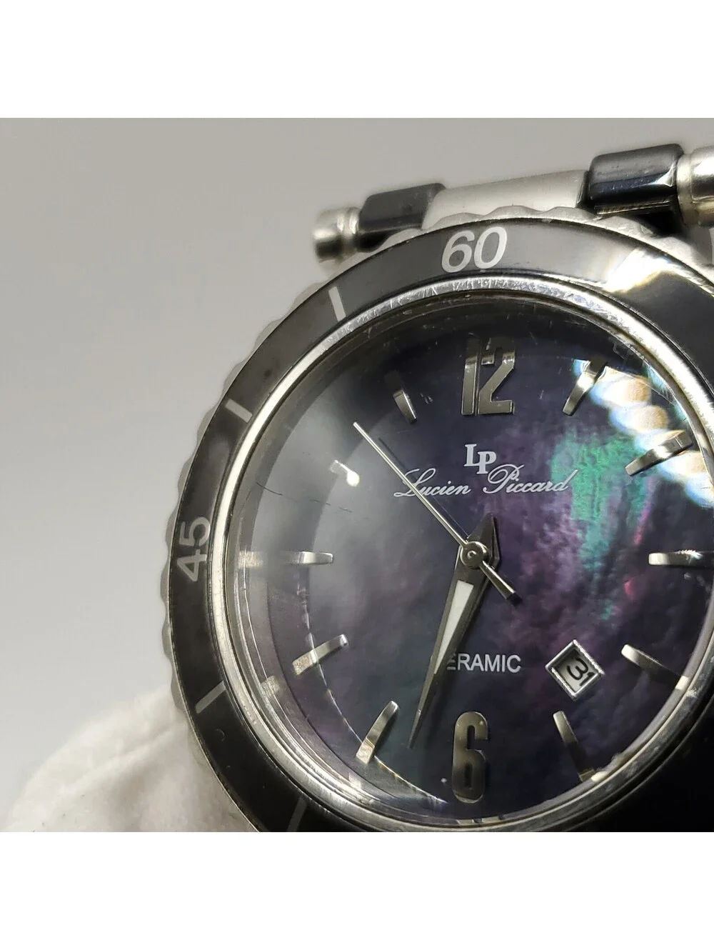 Lucien Piccard Ceramic La Tournette Watch Womens New Battery Abalone Dial 38mm